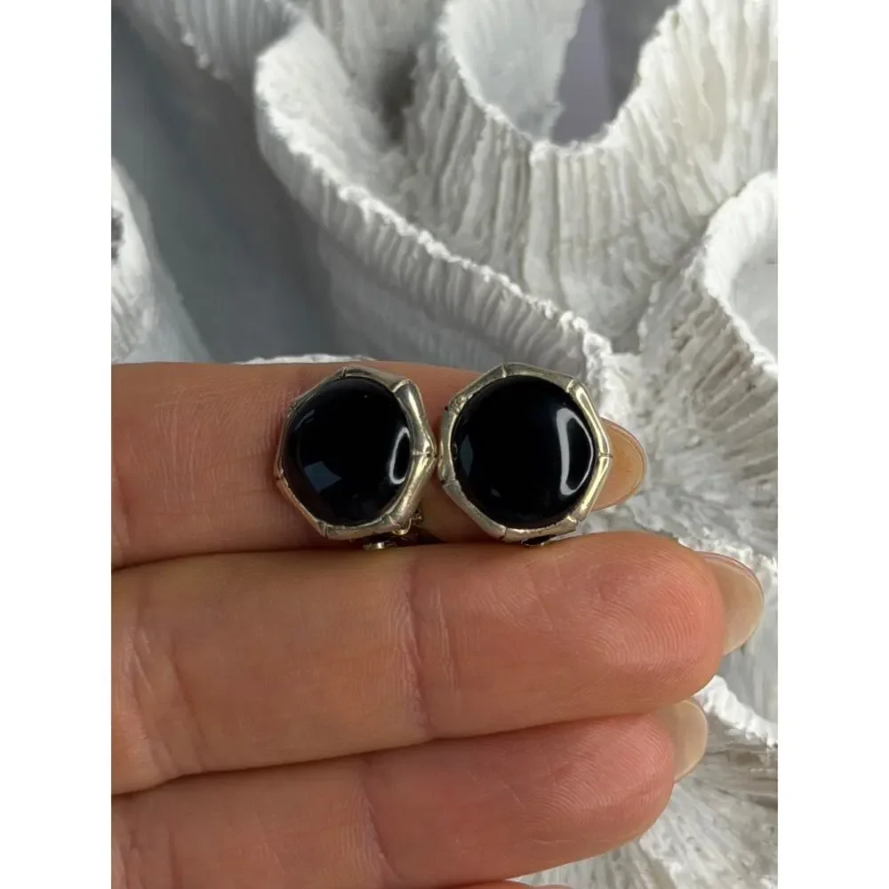 Vintage 925 Sterling Silver Black Onyx Clip-On Earrings